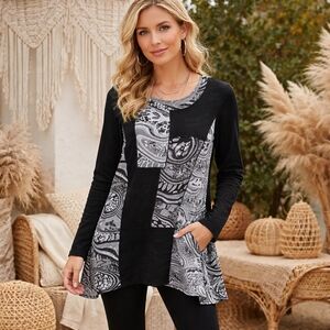 Papa Vancouver Black Gray Patchwork Print Long Sleeve Tunic Top Boho Chic